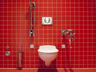 Star West Plumbing Red and White Wall Hung Toilet
